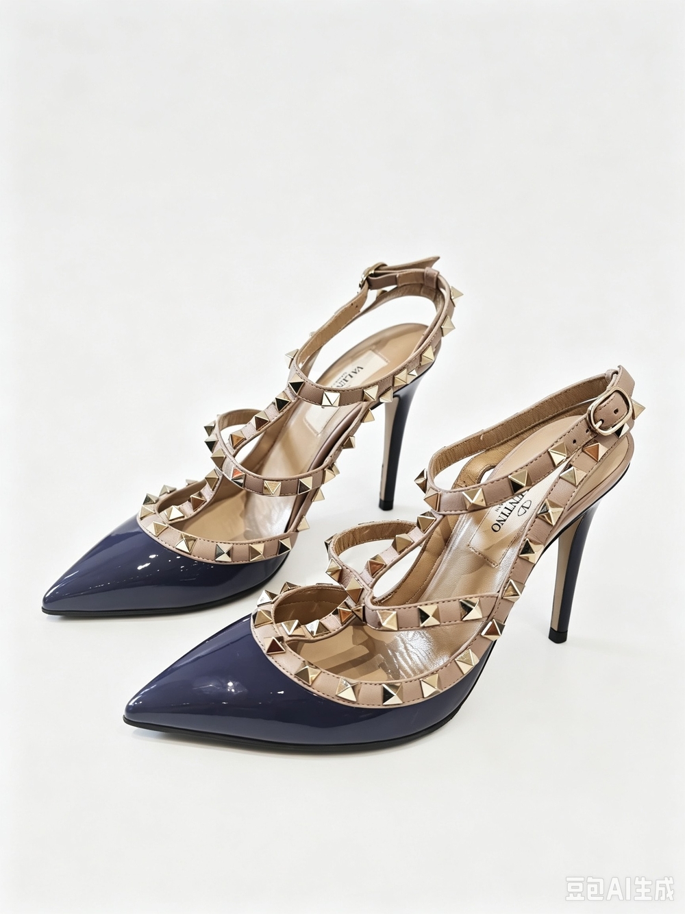 Valentino Rockstud Purple Patent and Beige Strappy High Heel Pumps